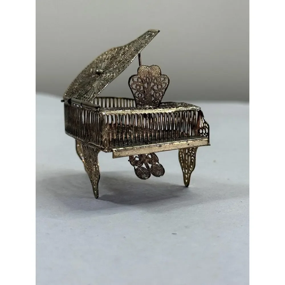 Vintage Silver Filigree Miniature Grand Piano, Wirework Trinket Box, Collectible